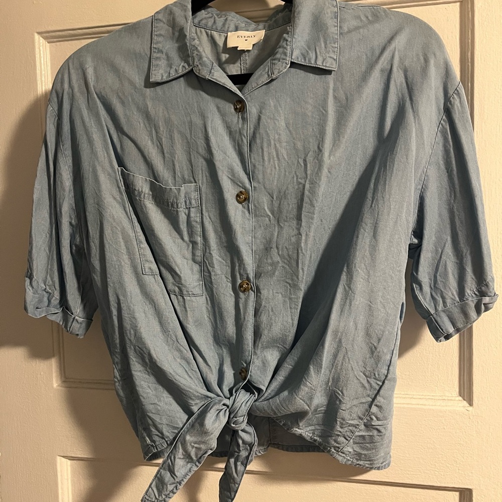 Everly Light Blue Button-Up Tie Front Shirt